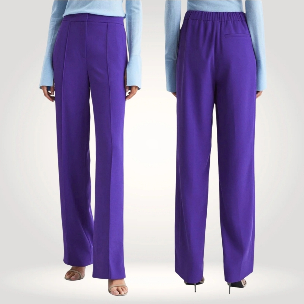 NEW REISS Womens Aleah Pull On Wide Leg Trousers in Purple Office Pants Size 8L